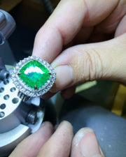 9.63 ct Green Emerald and Double Diamond Halo Ring