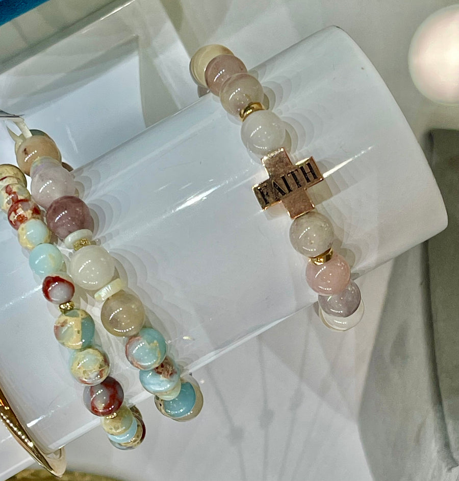 Pink quartz, jade and Onyx beads 9k Rose  gold Faith Bracelet