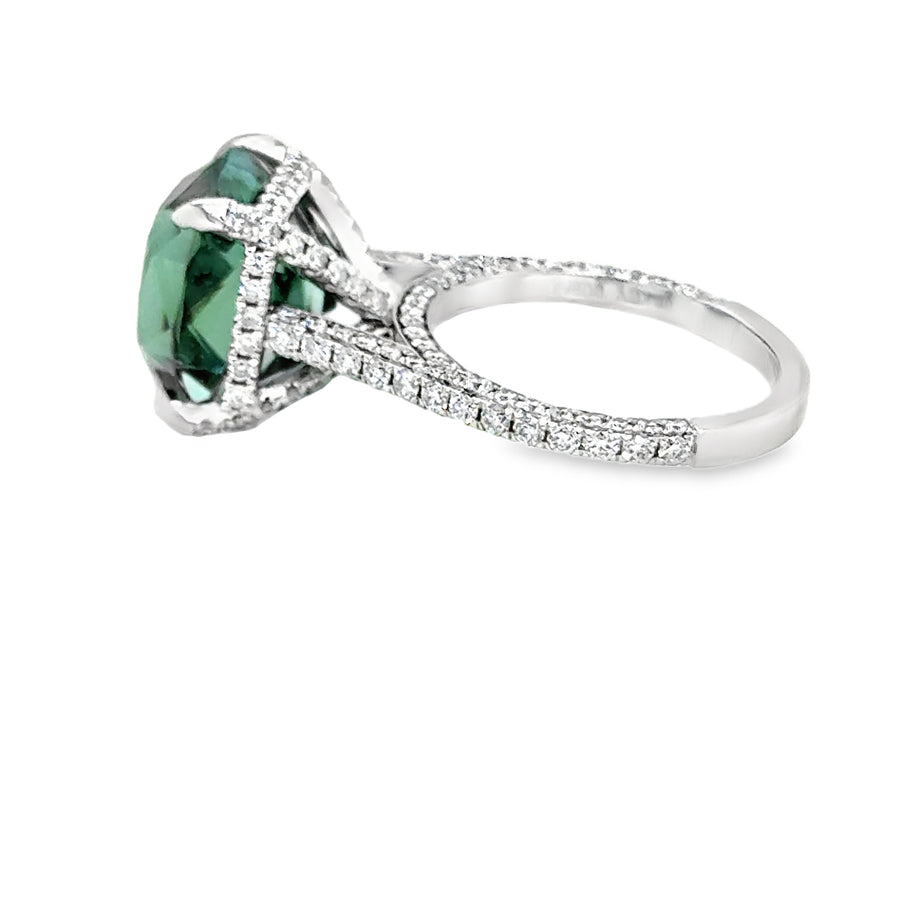 Cushion Green Tourmaline and Diamond Pave Ring