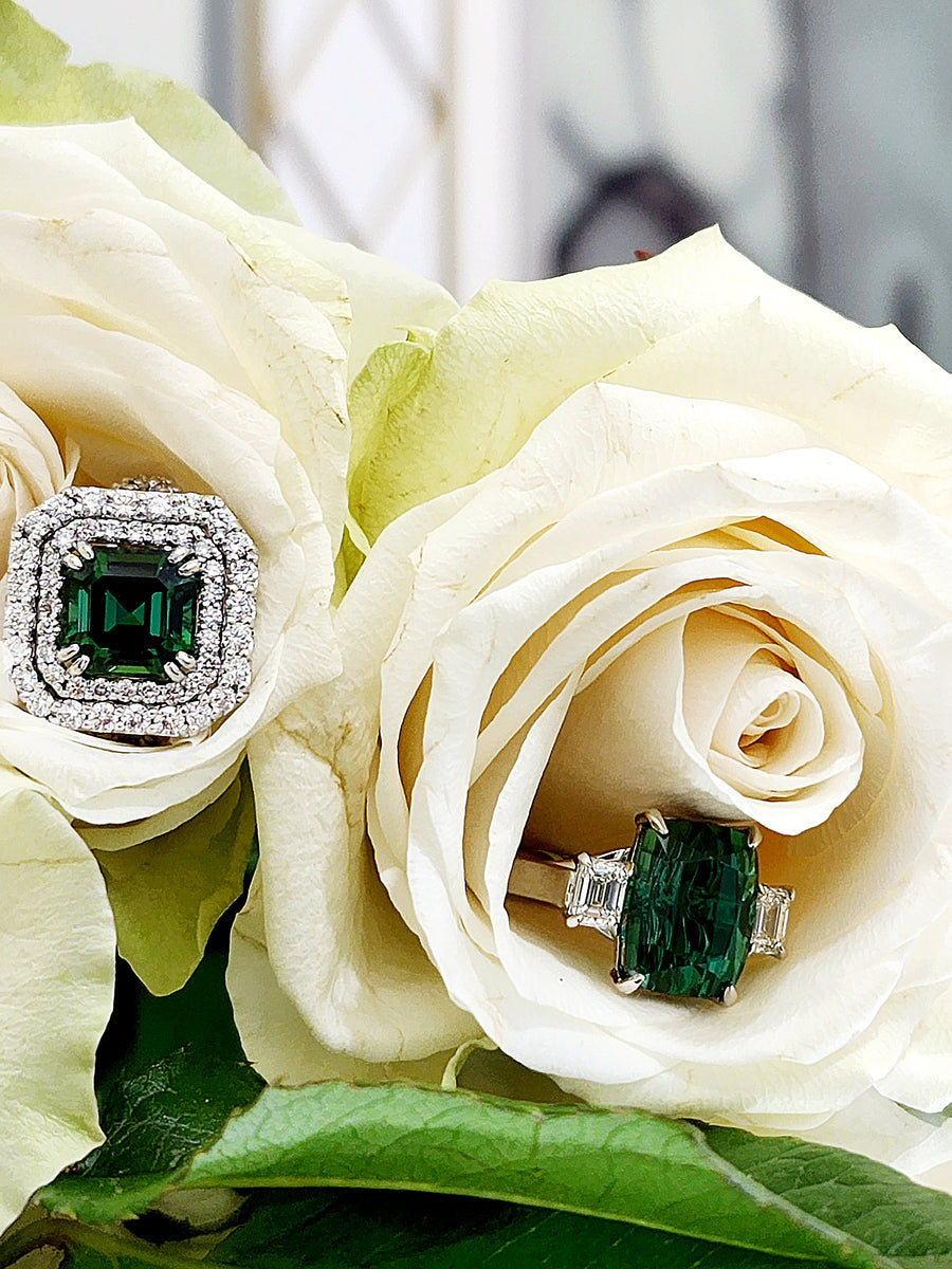 Green Tourmaline and Diamond Halo Ring