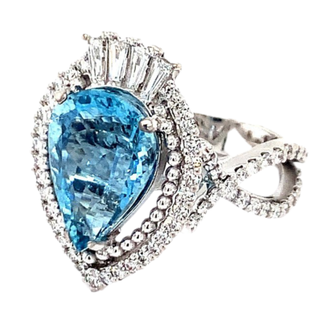 Pear shaped Aquamarine and Diamond Halo Ring
