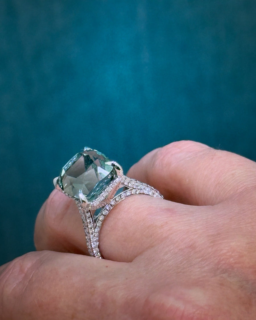Cushion Green Tourmaline and Diamond Pave Ring