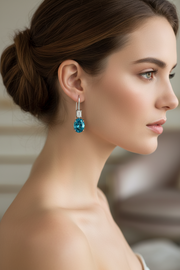 Blue Zircon and lab emerald cut Diamond Earrings