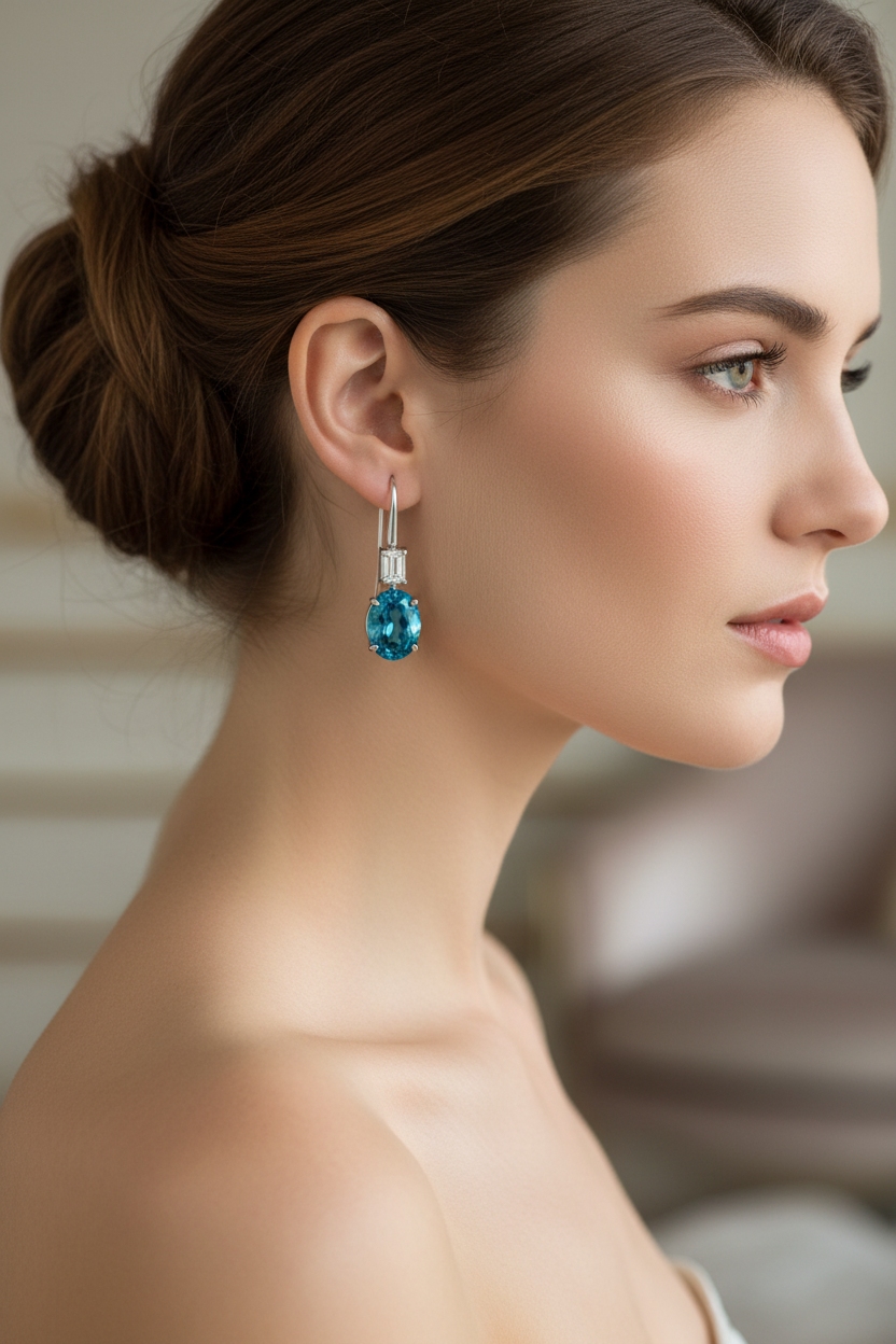 Blue Zircon and lab emerald cut Diamond Earrings