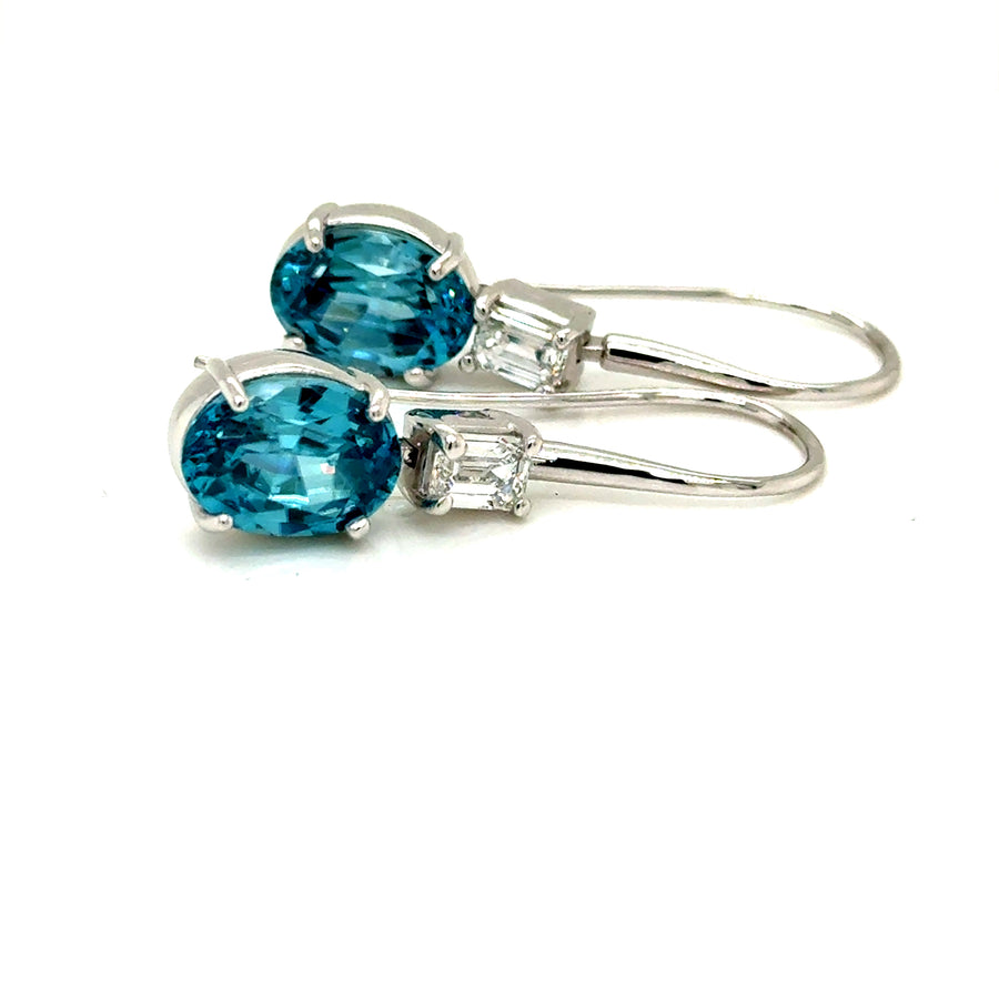 Blue Zircon and lab emerald cut Diamond Earrings