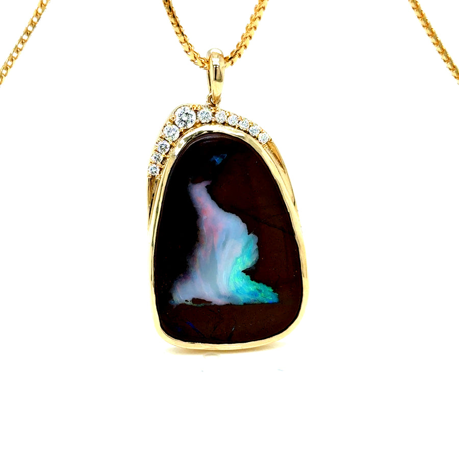 Boulder Opal & Argyle Diamond Pendant in  Yellow Gold
