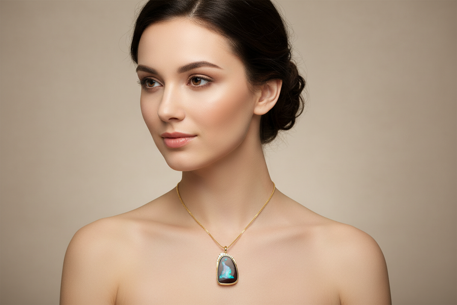 Boulder Opal & Argyle Diamond Pendant in  Yellow Gold