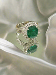 9.63 ct Green Emerald and Double Diamond Halo Ring