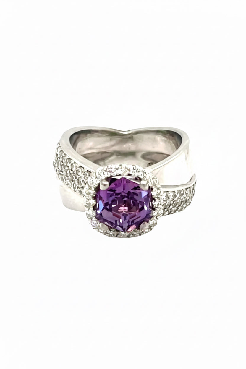 Crossover Violet Spinel and Diamond Ring in 18k white gold