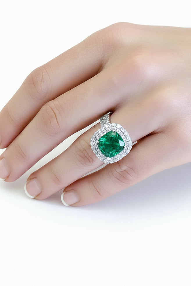 9.63 ct Green Emerald and Double Diamond Halo Ring