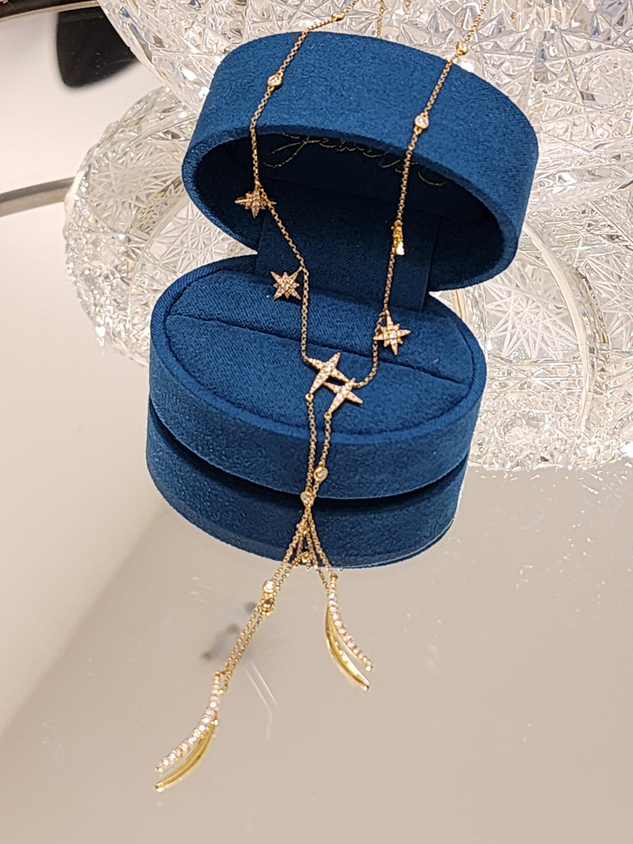 Half Moon and stars Diamond set lariat 18k yellow gold Necklace