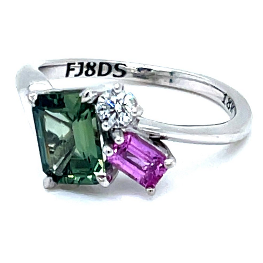 Trilogy Pink and Green Sapphire Diamond Ring
