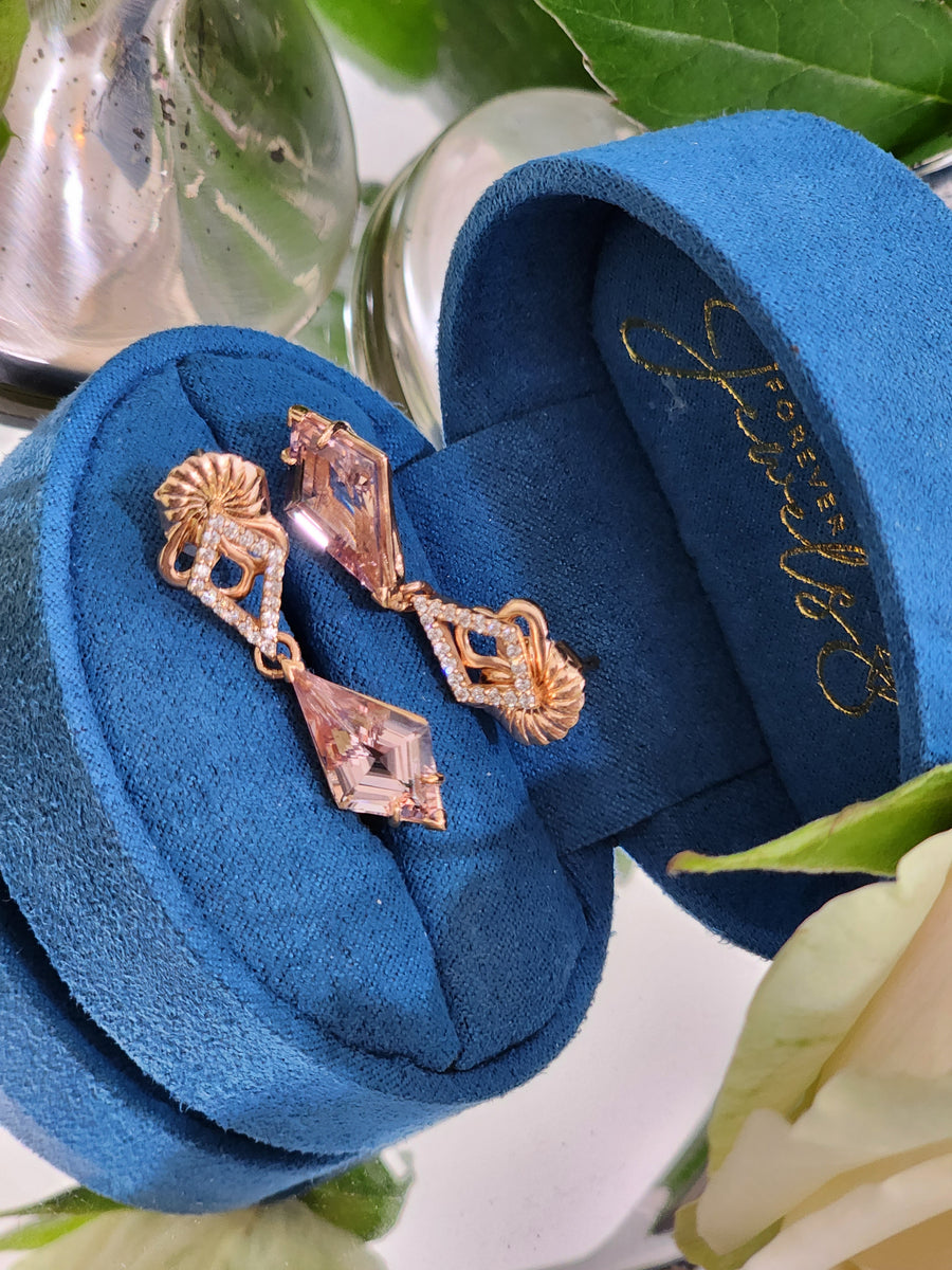 Kite shaped Pink Morganite and Diamond Earrings