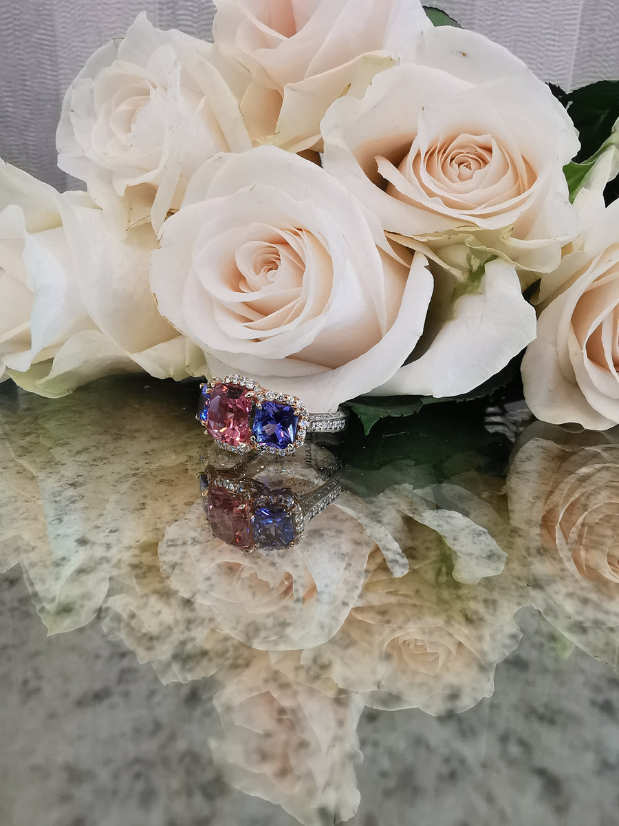 TRILOGY TANZANITE PINK TOURMALINE AND DIAMOND RING