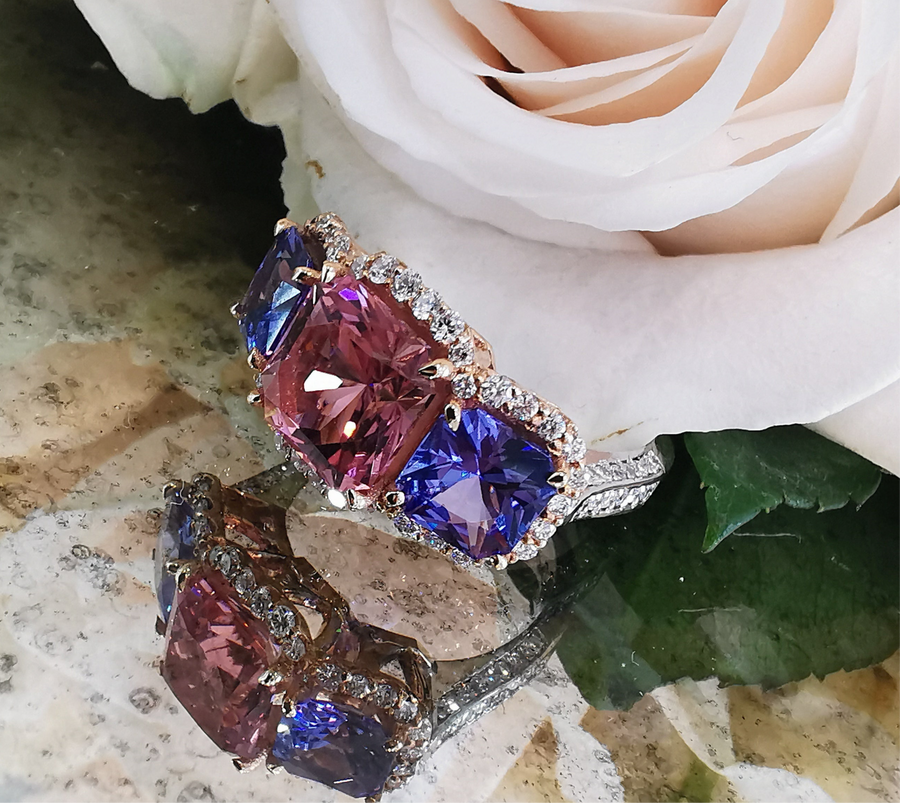 TRILOGY TANZANITE PINK TOURMALINE AND DIAMOND RING