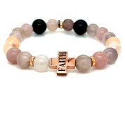 Pink quartz, jade and Onyx beads 9k Rose  gold Faith Bracelet