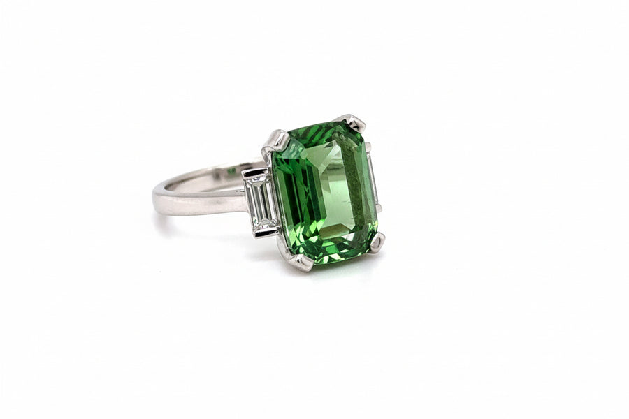 Green Tourmaline & Baguette Diamonds Trilogy Ring