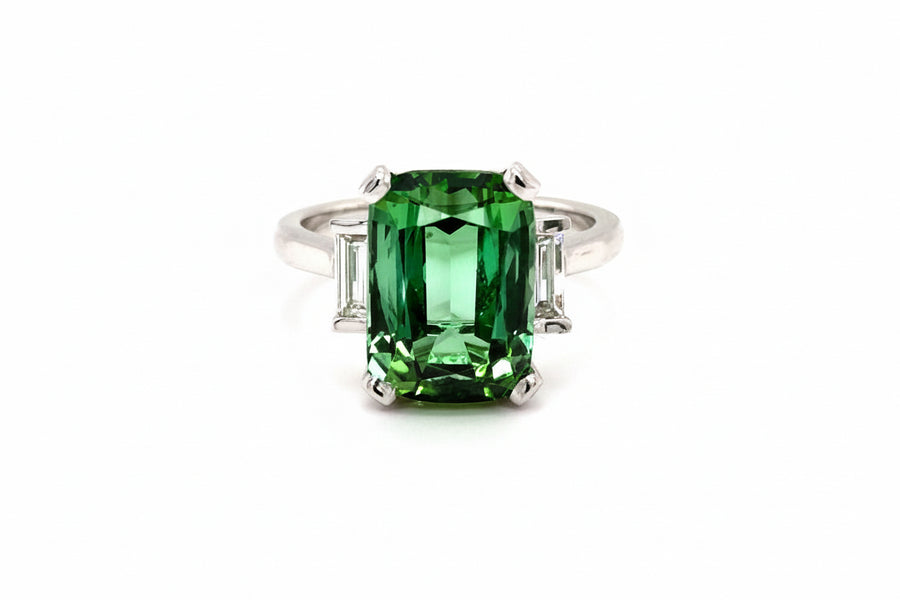 Green Tourmaline & Baguette Diamonds Trilogy Ring