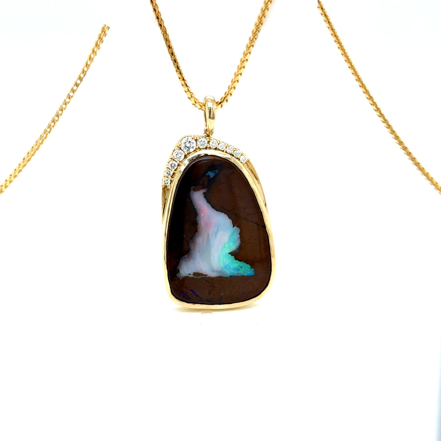Boulder Opal & Argyle Diamond Pendant in  Yellow Gold