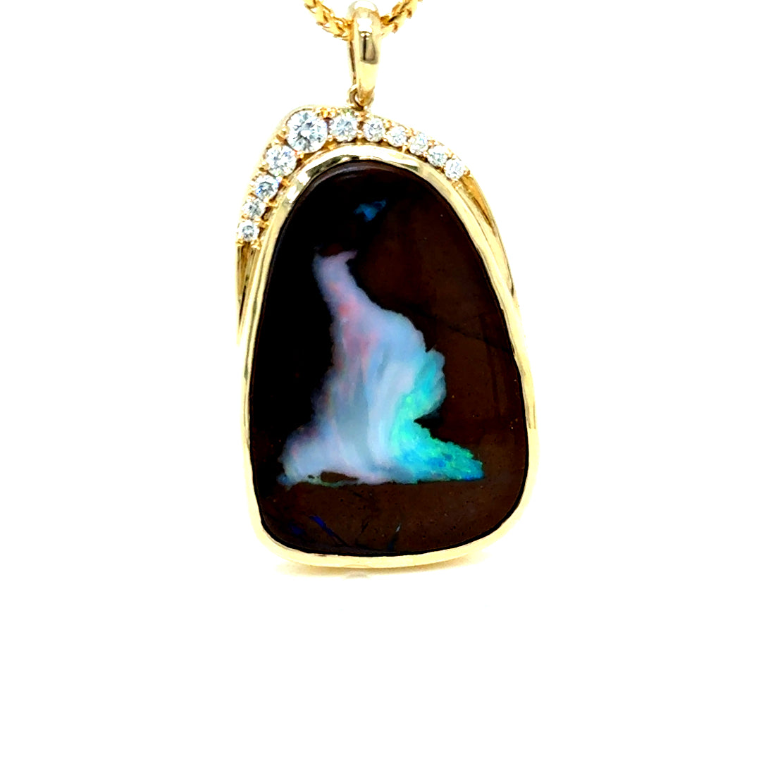 Boulder Opal & Argyle Diamond Pendant in  Yellow Gold