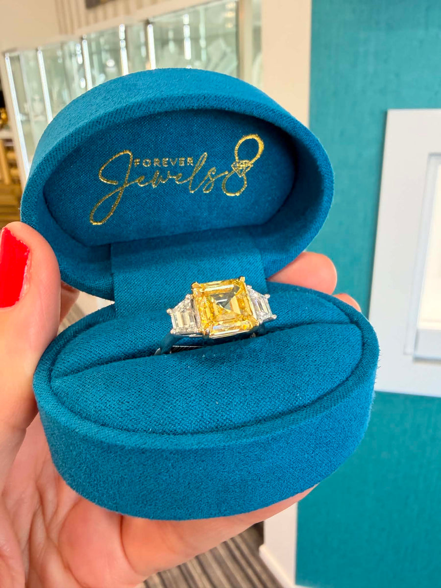 5.01ct Fancy Yellow Asscher Cut Trilogy Ring