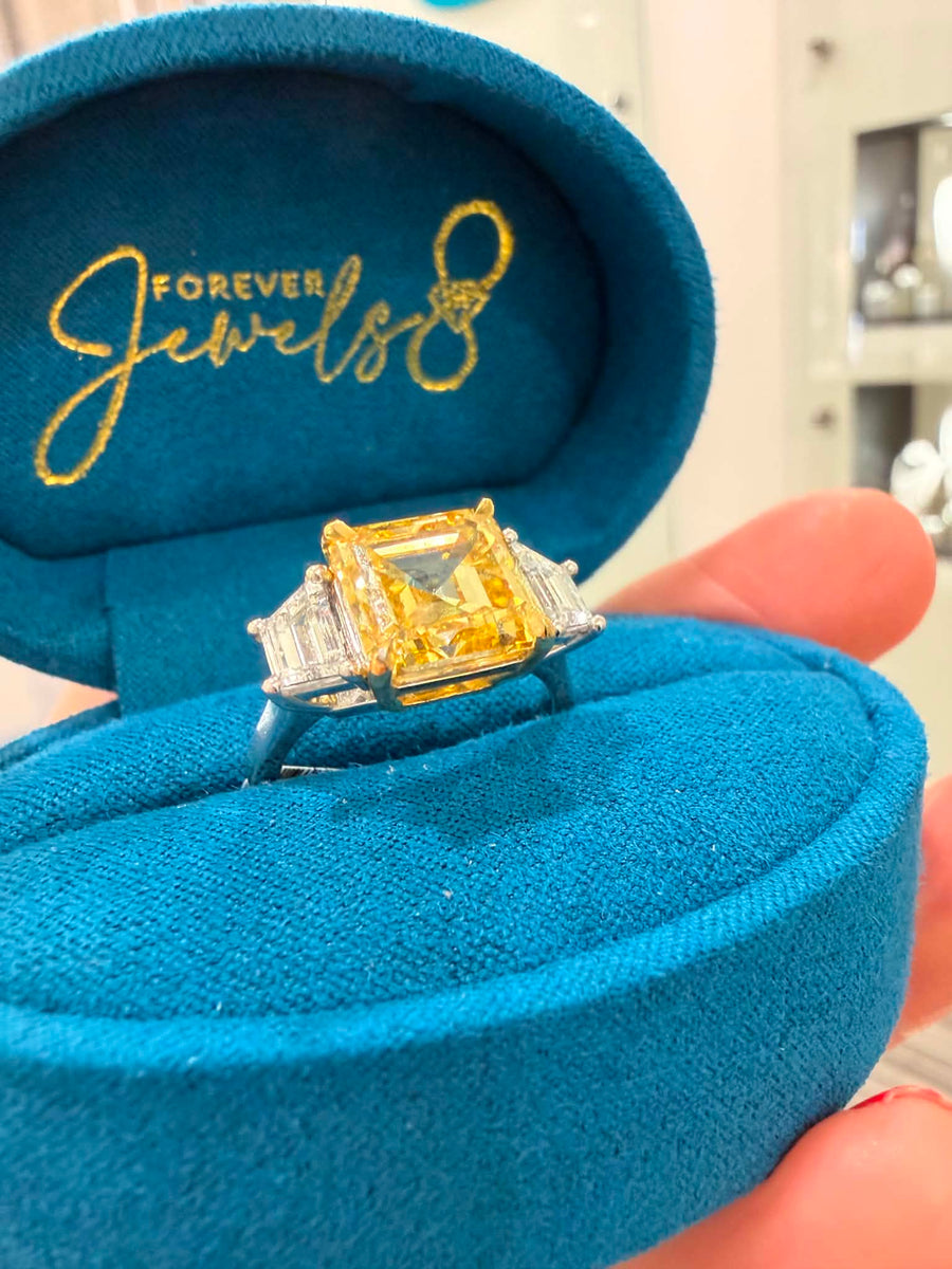 5.01ct Fancy Yellow Asscher Cut Trilogy Ring