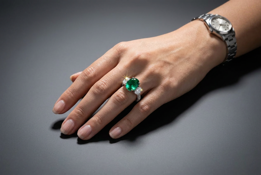 Trilogy Oval Emerald and diamond platinum ring