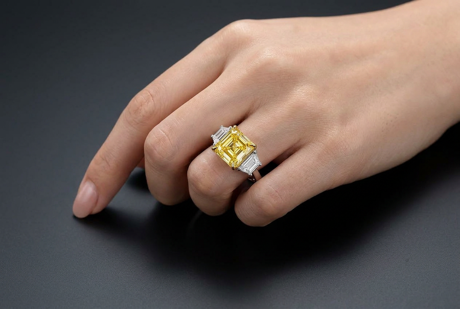 5.01ct Fancy Yellow Asscher Cut Trilogy Ring