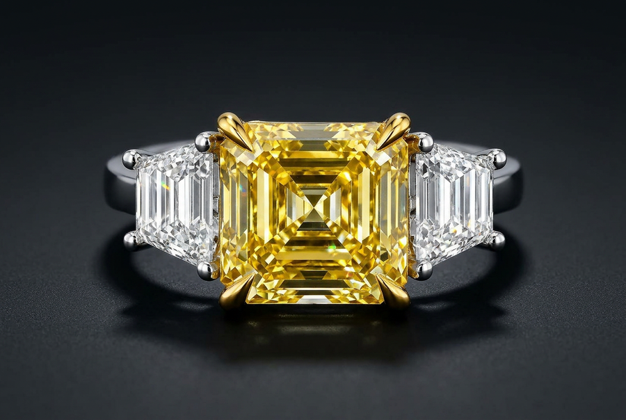 5.01ct Fancy Yellow Asscher Cut Trilogy Ring