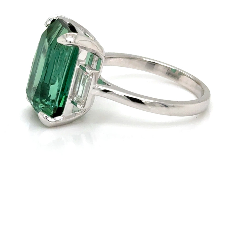 Trilogy Green Tourmaline & Emerald cut Diamond Ring