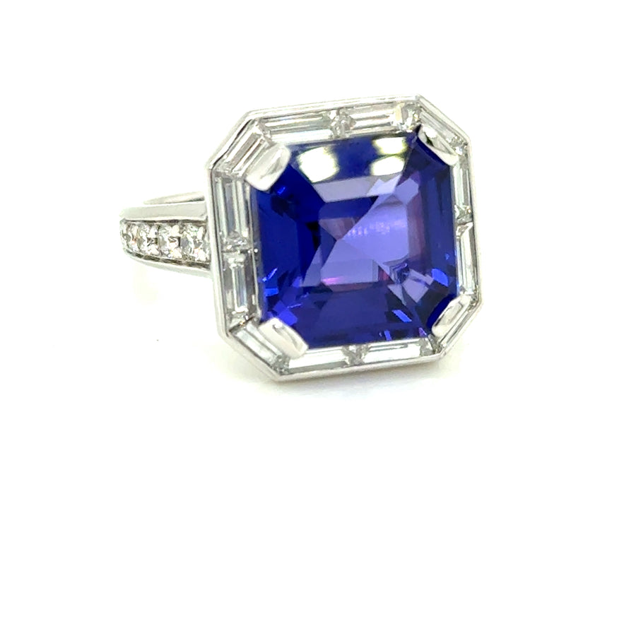 Asscher Cut  8.72ct Tanzanite and Diamond Ring