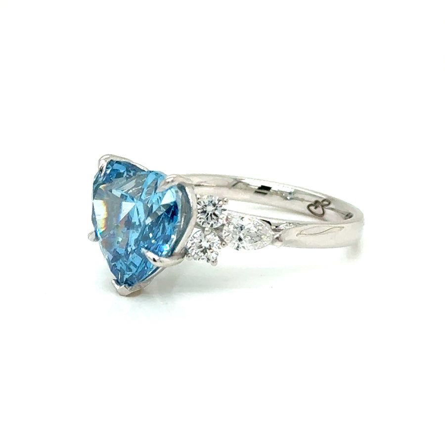 Heart Lab grown Blue  Diamond Trilogy Ring