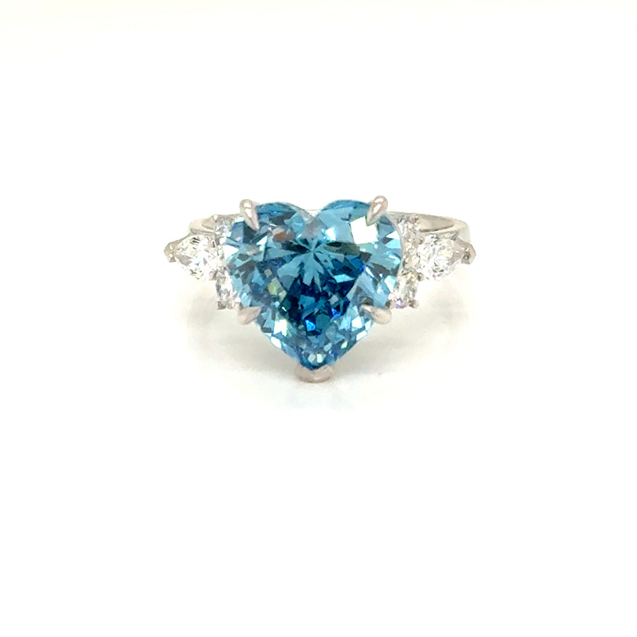 Heart Lab grown Blue  Diamond Trilogy Ring
