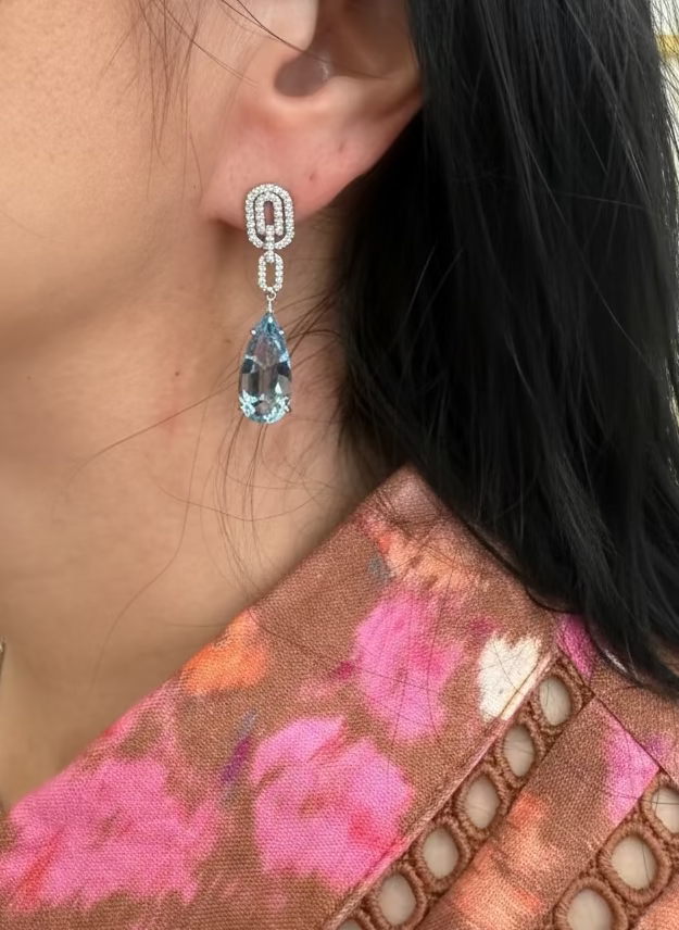 Pear Cut Aquamarine & Diamond Drop Earrings