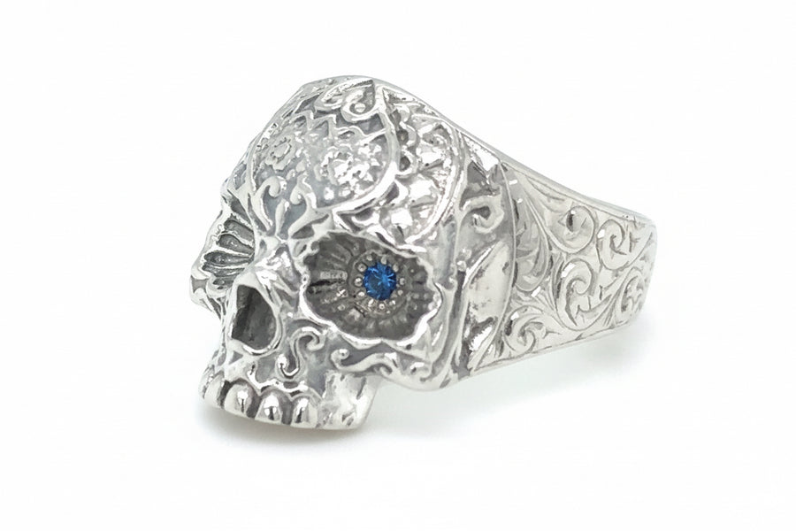 Platinum Skull Ring with Blue Sapphires