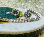 Aquamarine &Diamond halo White gold Earrings