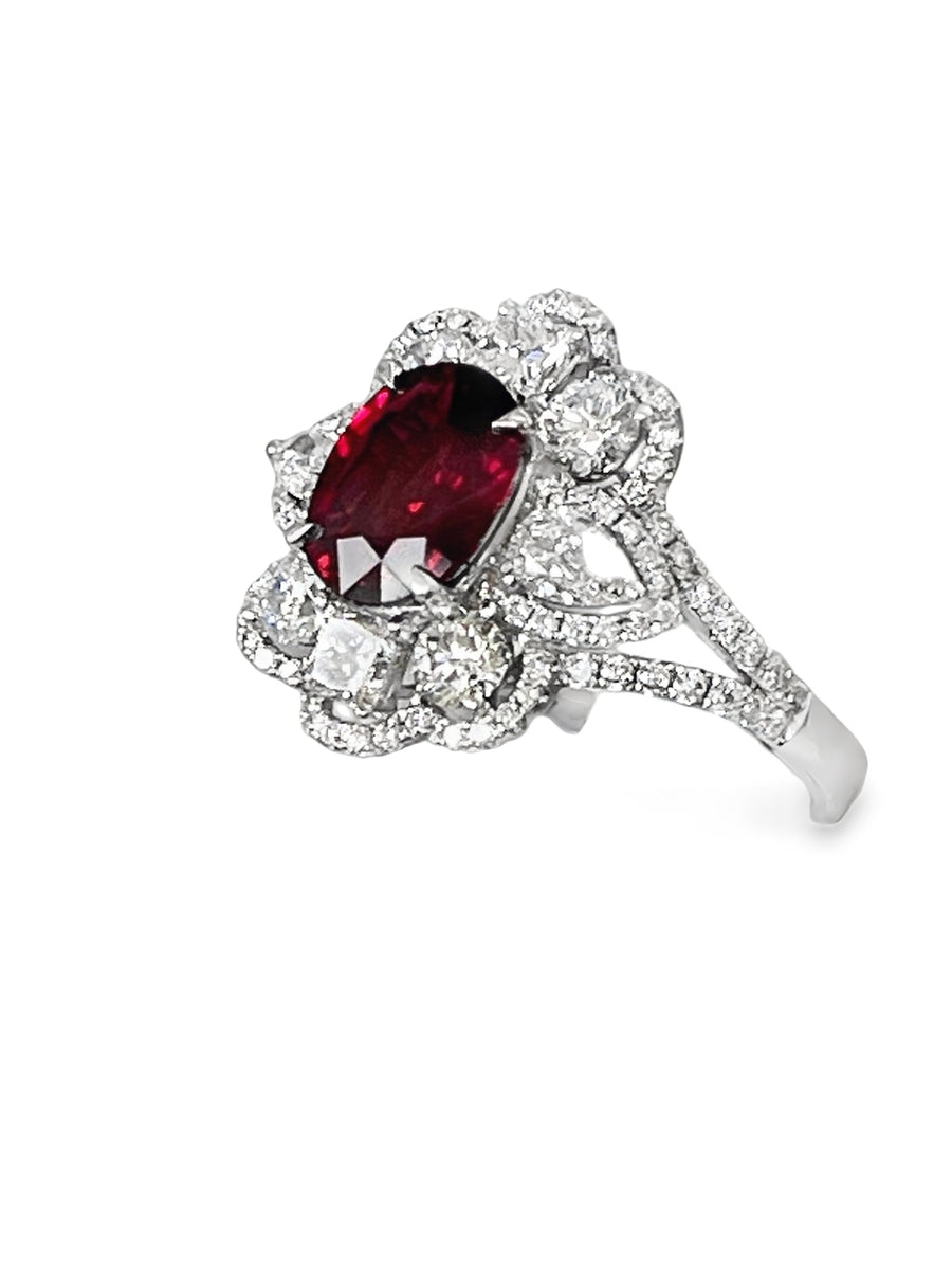 Natural Ruby Diamond Halo ring in 18k white gold 
