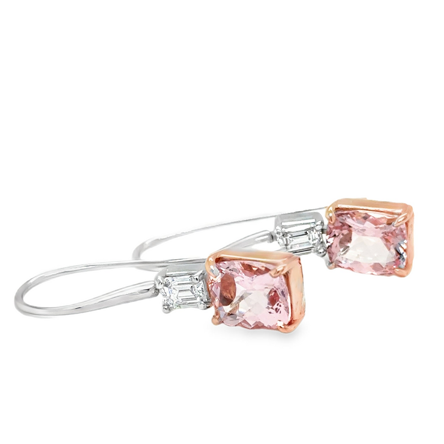 Pink Morganite and Lab Created Emerald cut Diamond Earrings