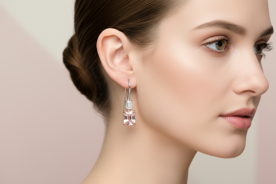 Pink Morganite and Lab Created Emerald cut Diamond Earrings