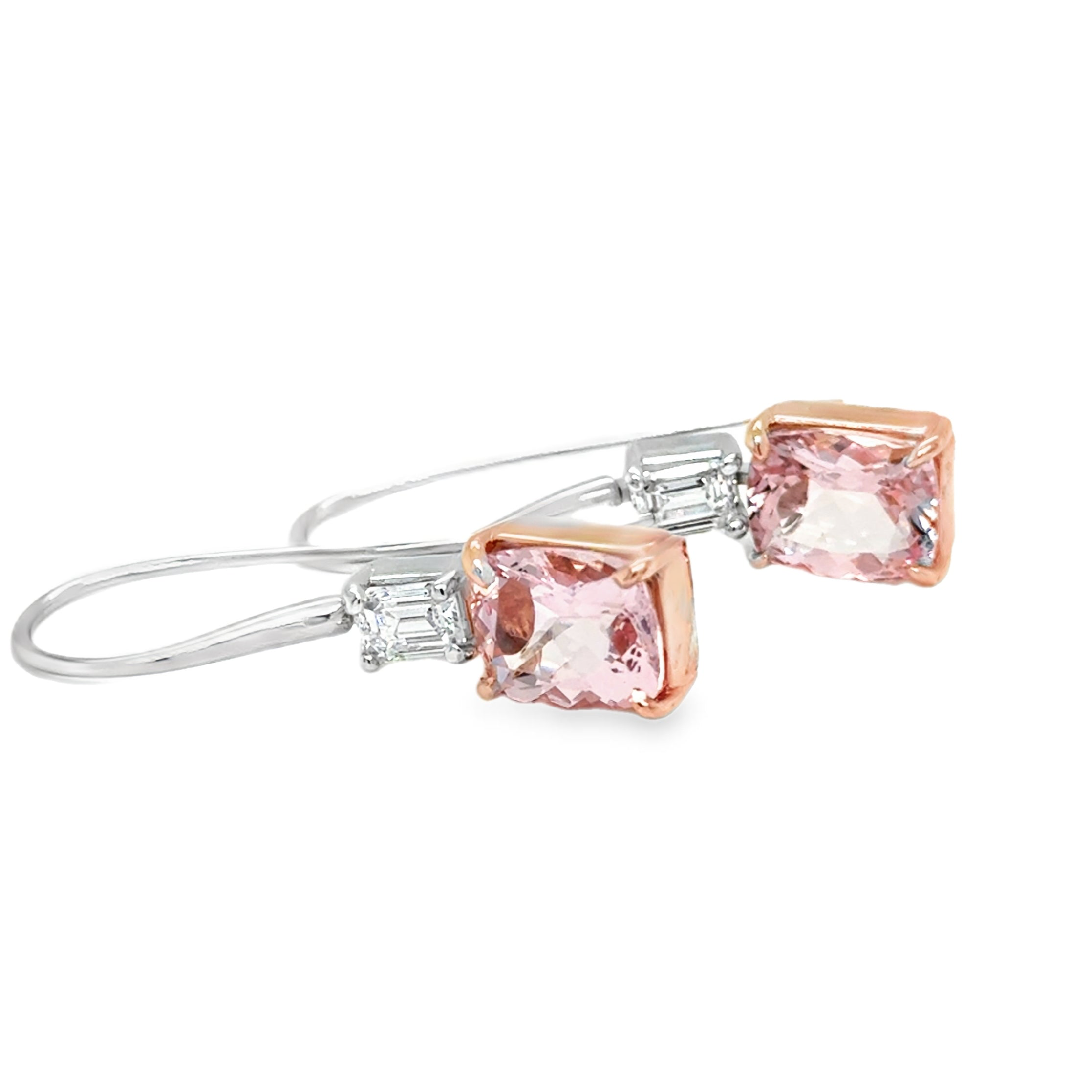 Pair of Pink Morganite and Emerald cut Shepherd Hook Diamond Earrings