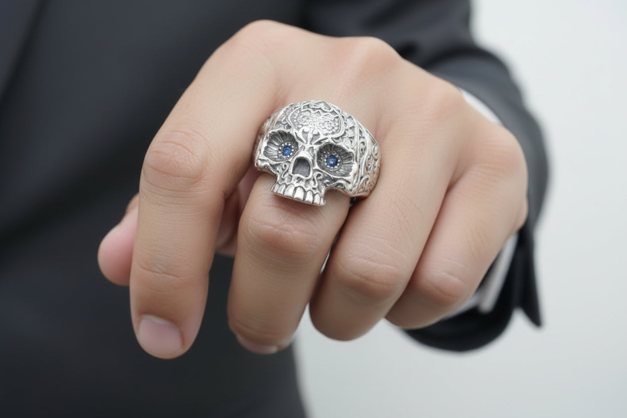 Platinum Skull Ring with Blue Sapphires