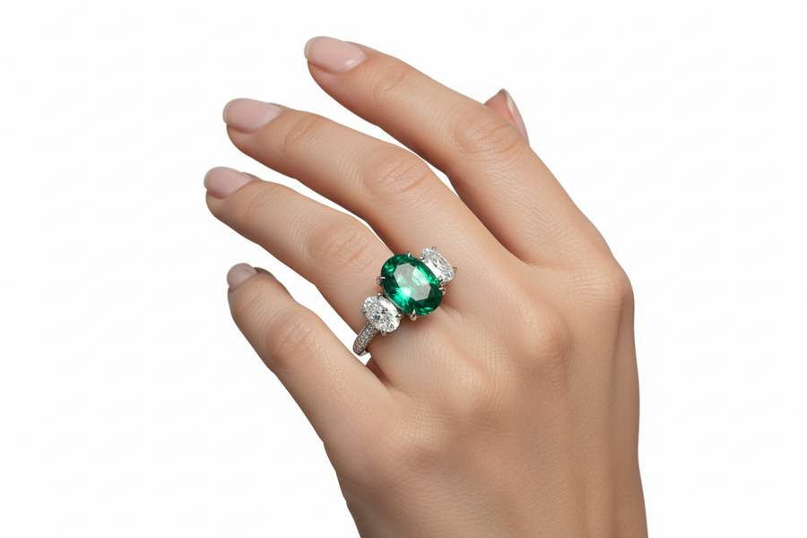 Trilogy Oval Emerald and diamond white gold ring