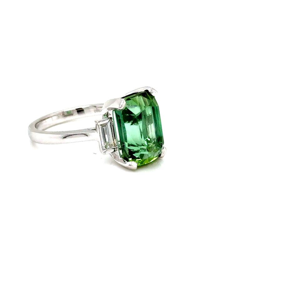 Green Tourmaline & Baguette Diamonds Trilogy Ring