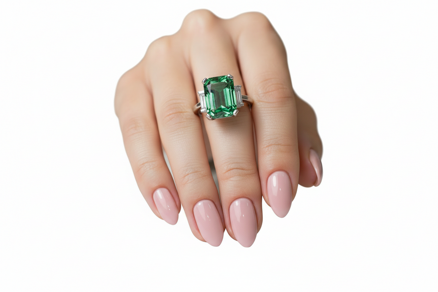 Green Tourmaline & Baguette Diamonds Trilogy Ring