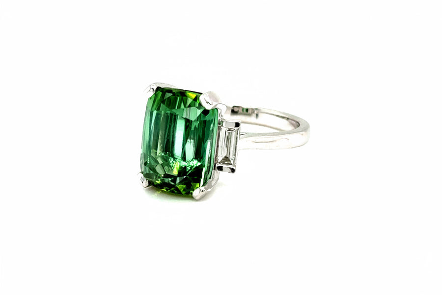 Green Tourmaline & Baguette Diamonds Trilogy Ring