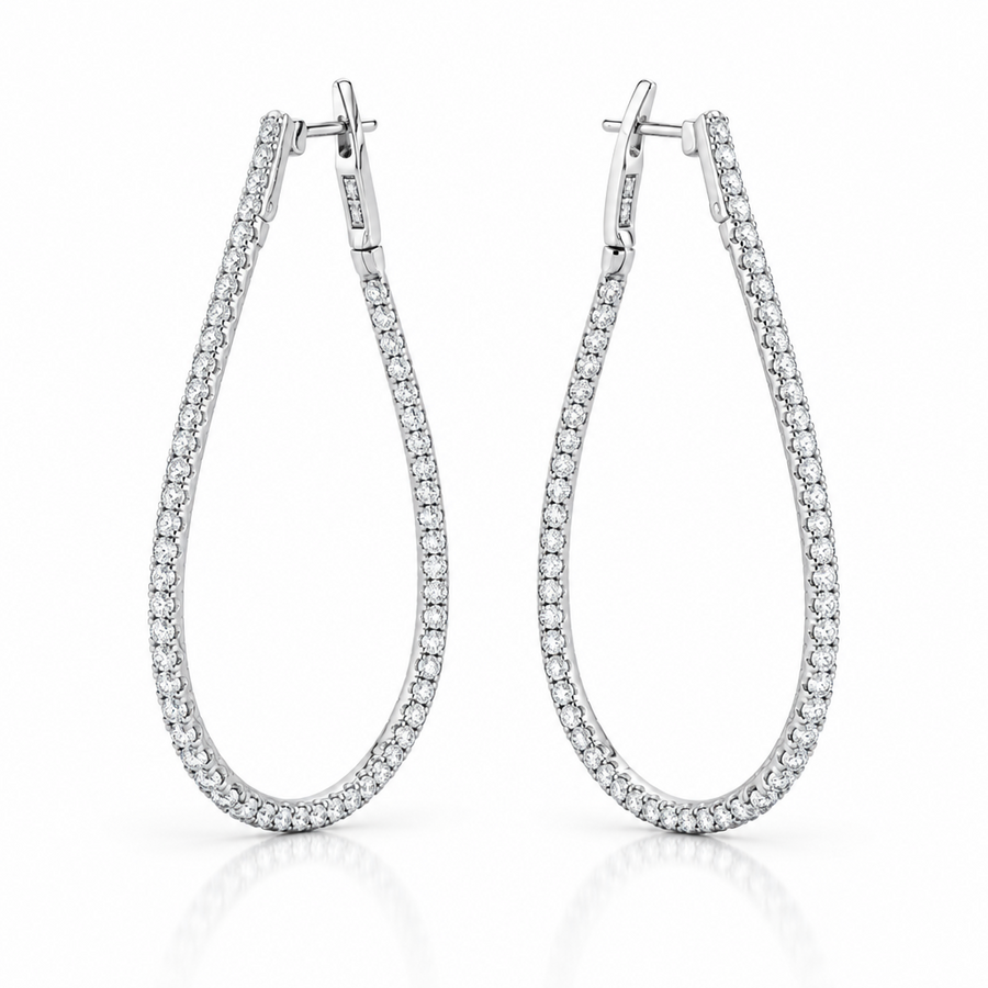 White Gold Elongated  Diamond  Hoop Earrings