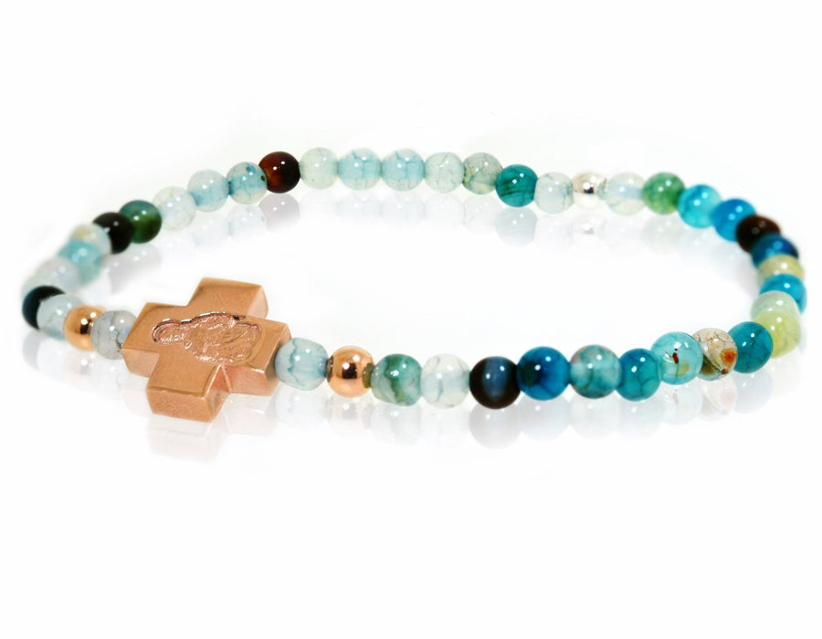 Aqua beaded bracelet with rose gold cross and engraved love - ForeverJewels Design Studio 8