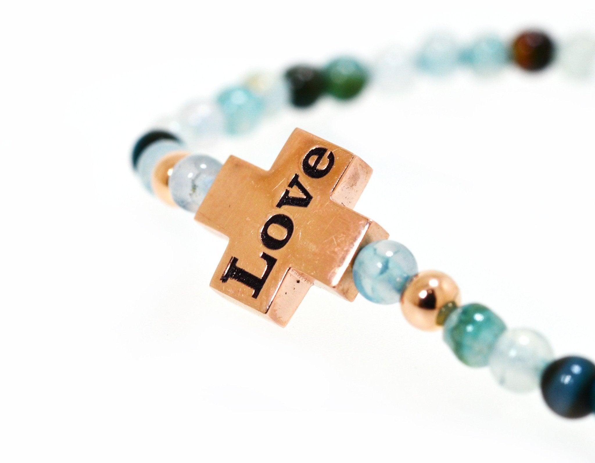 Aqua beaded bracelet with rose gold cross and engraved love - ForeverJewels Design Studio 8