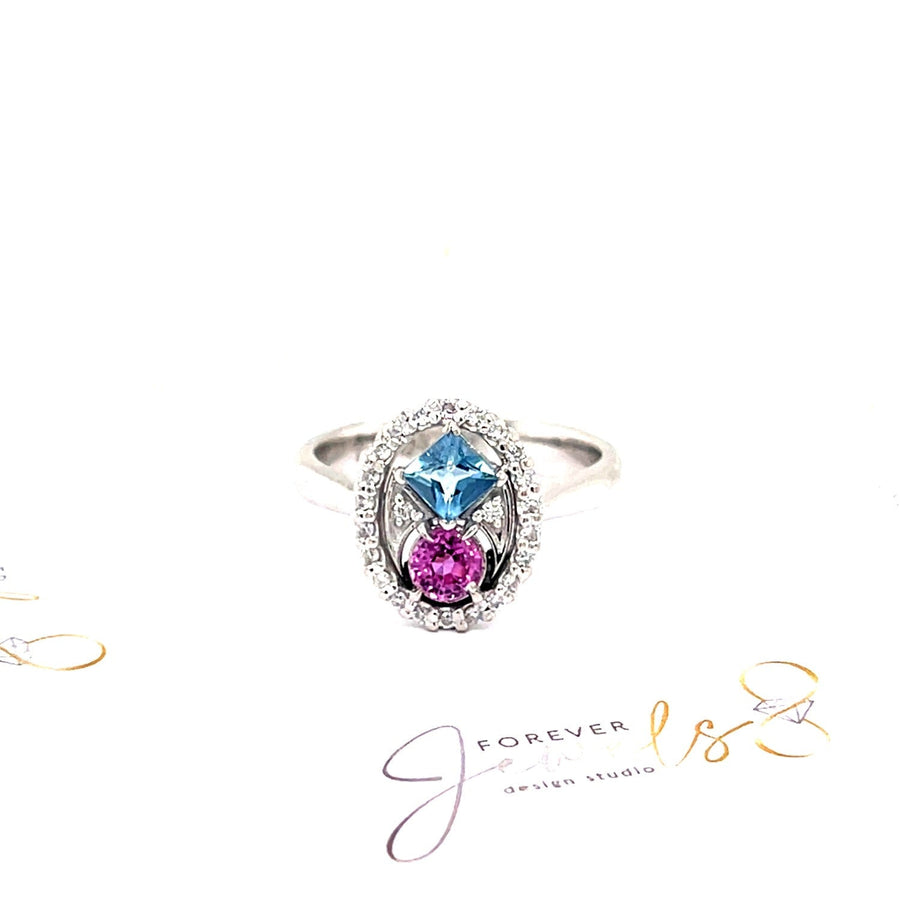 Aquamarine and Pink Sapphire Diamond Halo Ring - ForeverJewels Design Studio 8