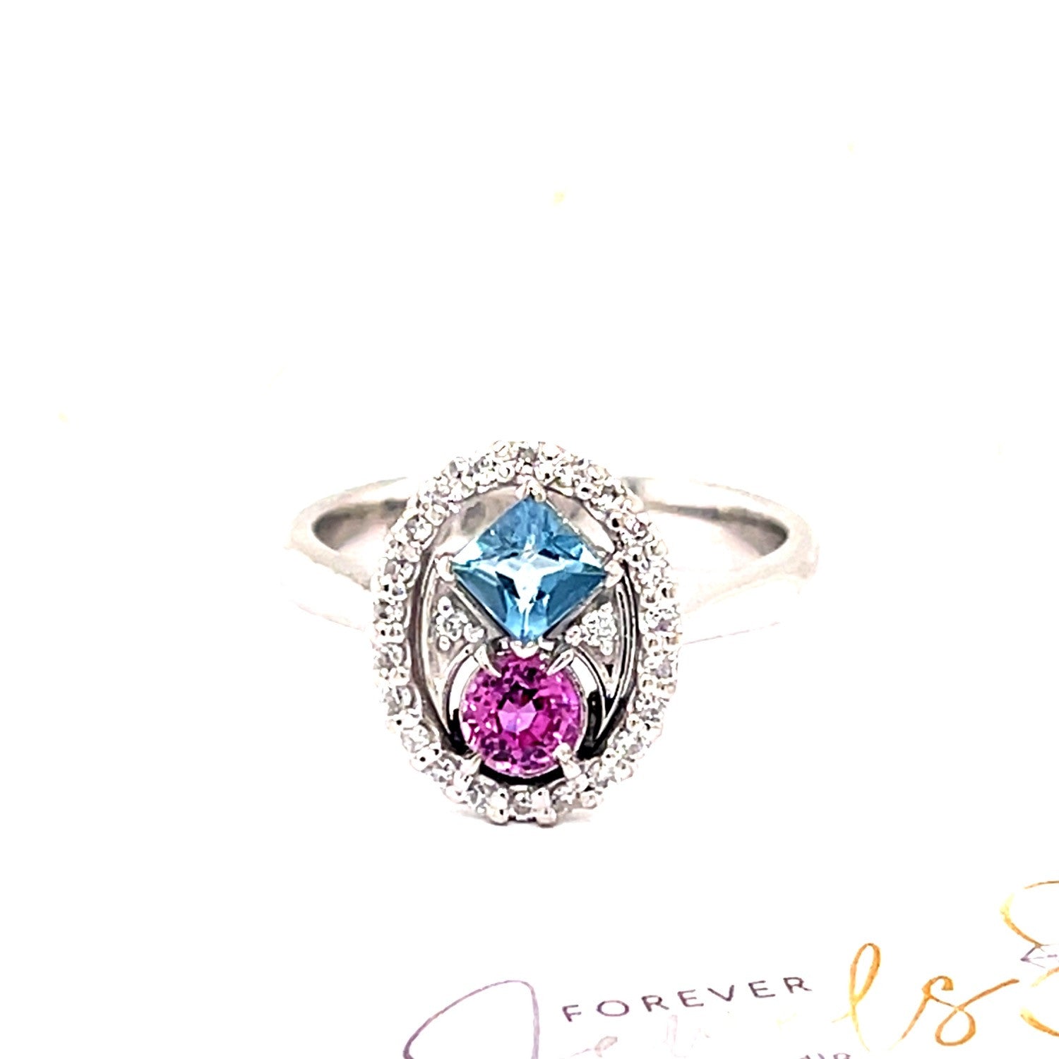 Aquamarine and Pink Sapphire Diamond Halo Ring - ForeverJewels Design Studio 8